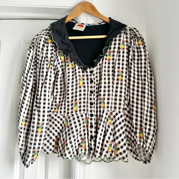 Farm Rio x Anthropologie Cottage Gingham Peter Pan Top Embroidered Pineapples - Picture 4 of 8